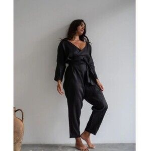 AVY & CO AD Jumpsuit Natural Linen Black Women One Size Oversized Relaxed V Neck